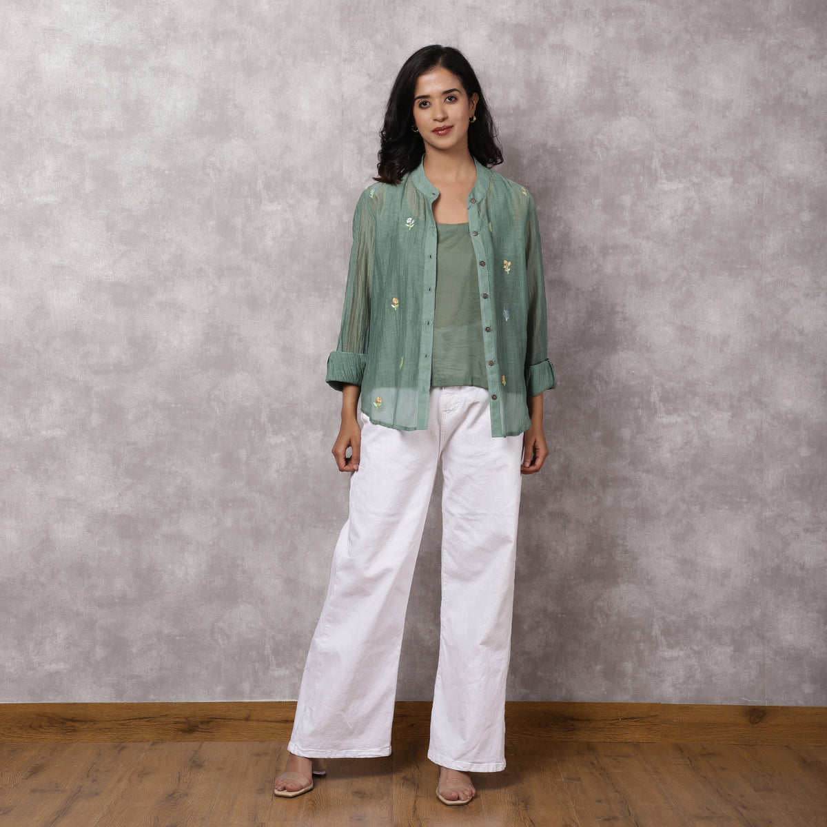 Green Chanderi Embroidered Shirt