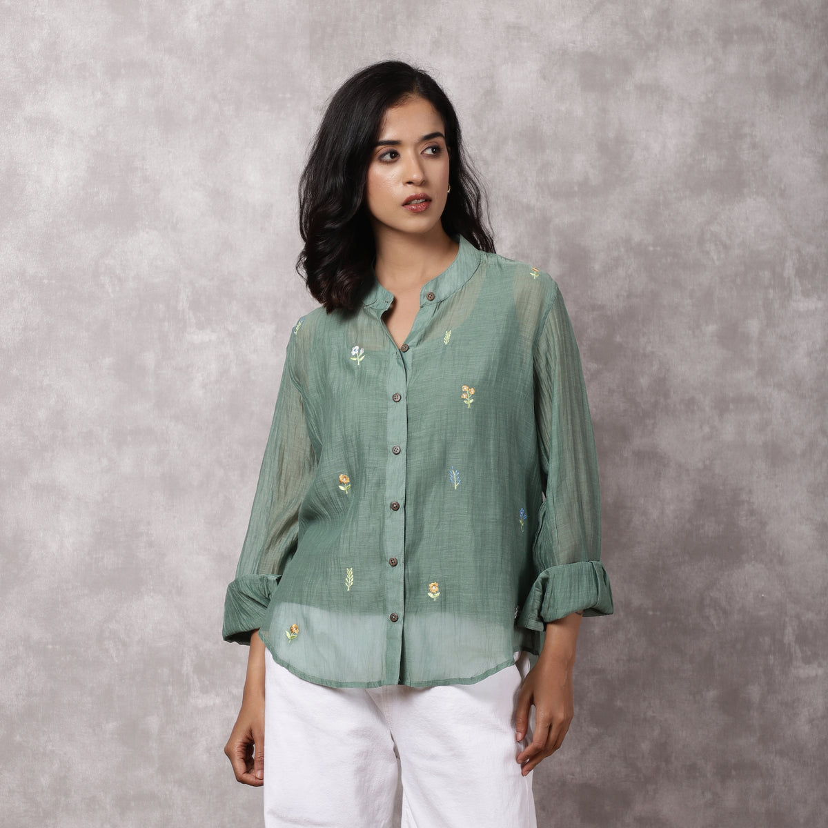 Green Chanderi Embroidered Shirt