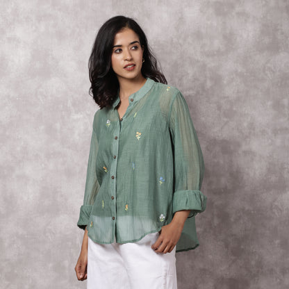 Green Chanderi Embroidered Shirt