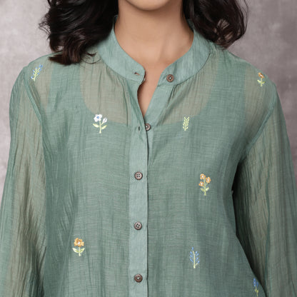 Green Chanderi Embroidered Shirt
