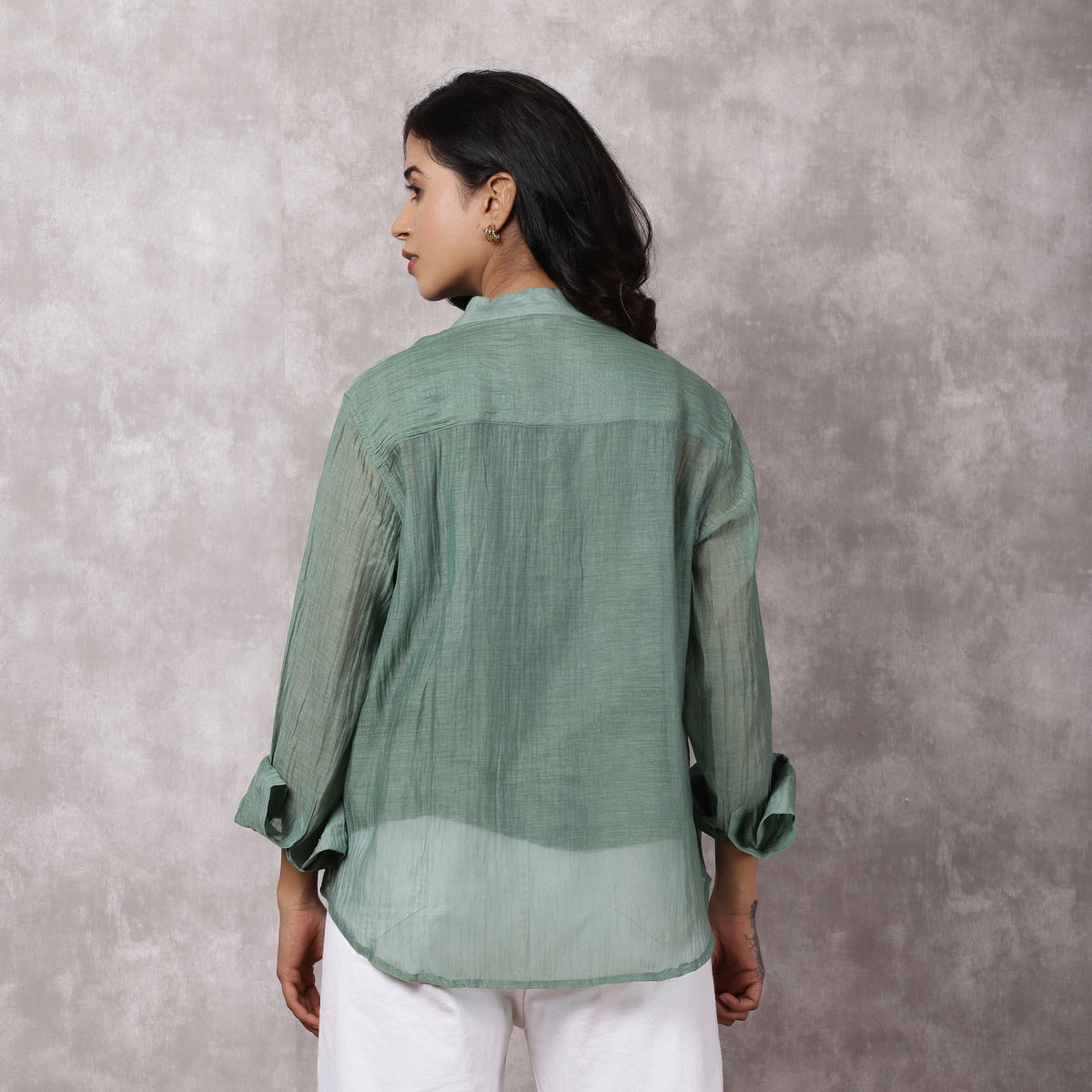 Green Chanderi Embroidered Shirt