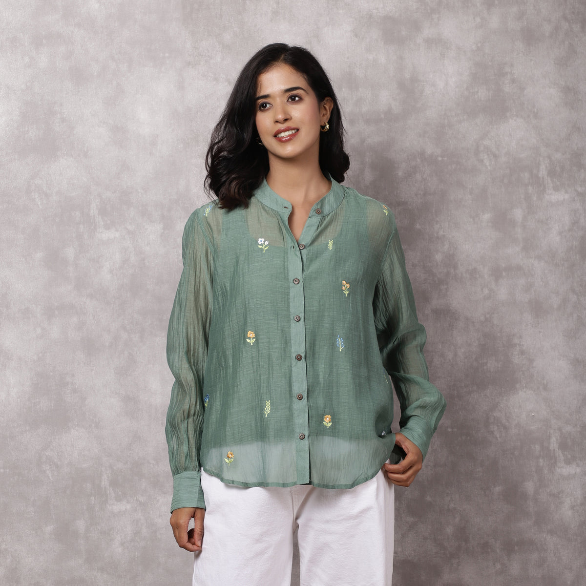 Green Chanderi Embroidered Shirt