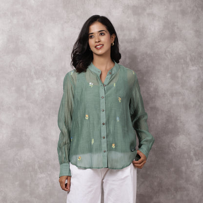 Green Chanderi Embroidered Shirt