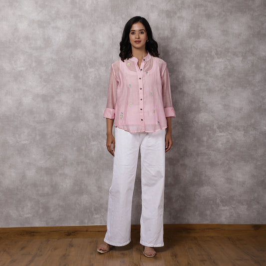 Pink Chanderi Embroidered Shirt