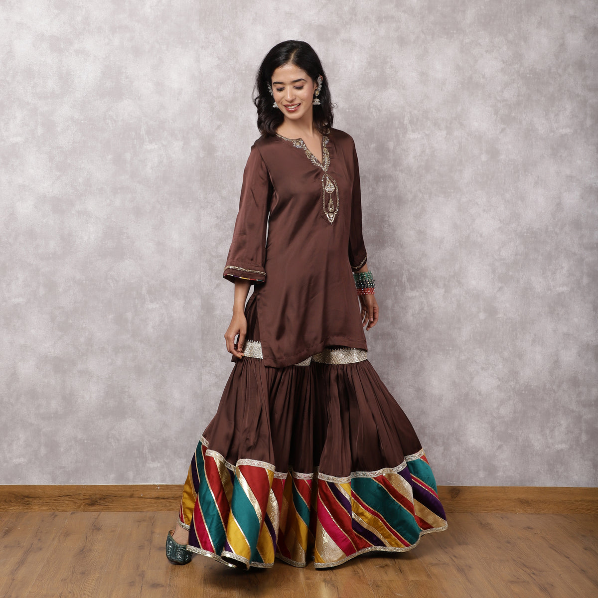 Brown Modal Silk Hand Embroidered Sharara Set with Patchwork and Dupatta