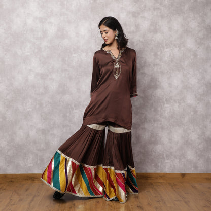Brown Modal Silk Hand Embroidered Sharara Set with Patchwork