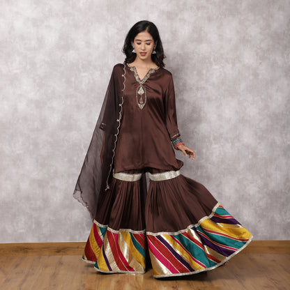 Brown Modal Silk Hand Embroidered Sharara Set with Patchwork and Dupatta