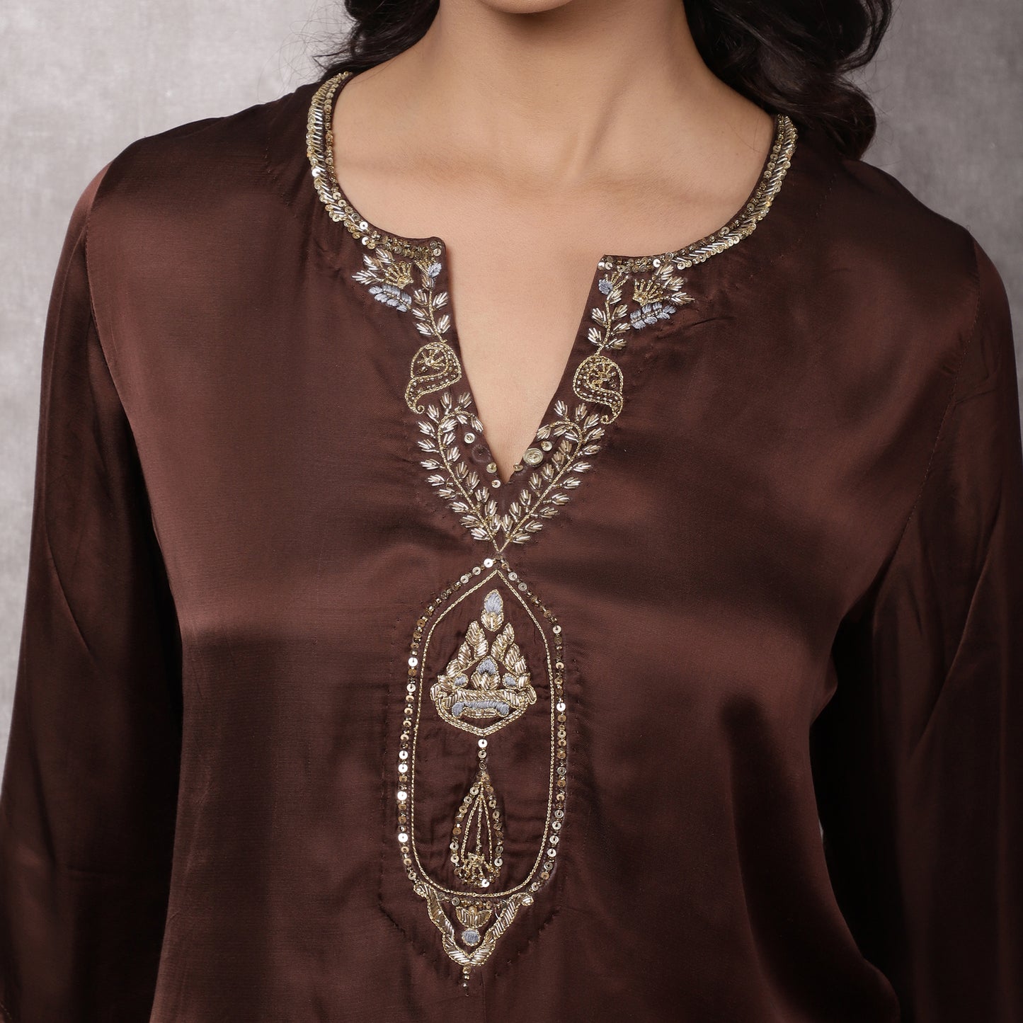Brown Modal Silk Hand Embroidered Sharara Set with Patchwork and Dupatta