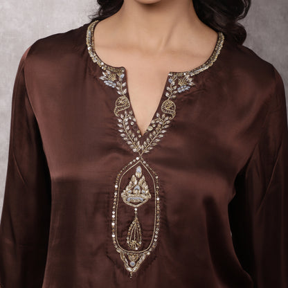 Brown Modal Silk Hand Embroidered Sharara Set with Patchwork and Dupatta