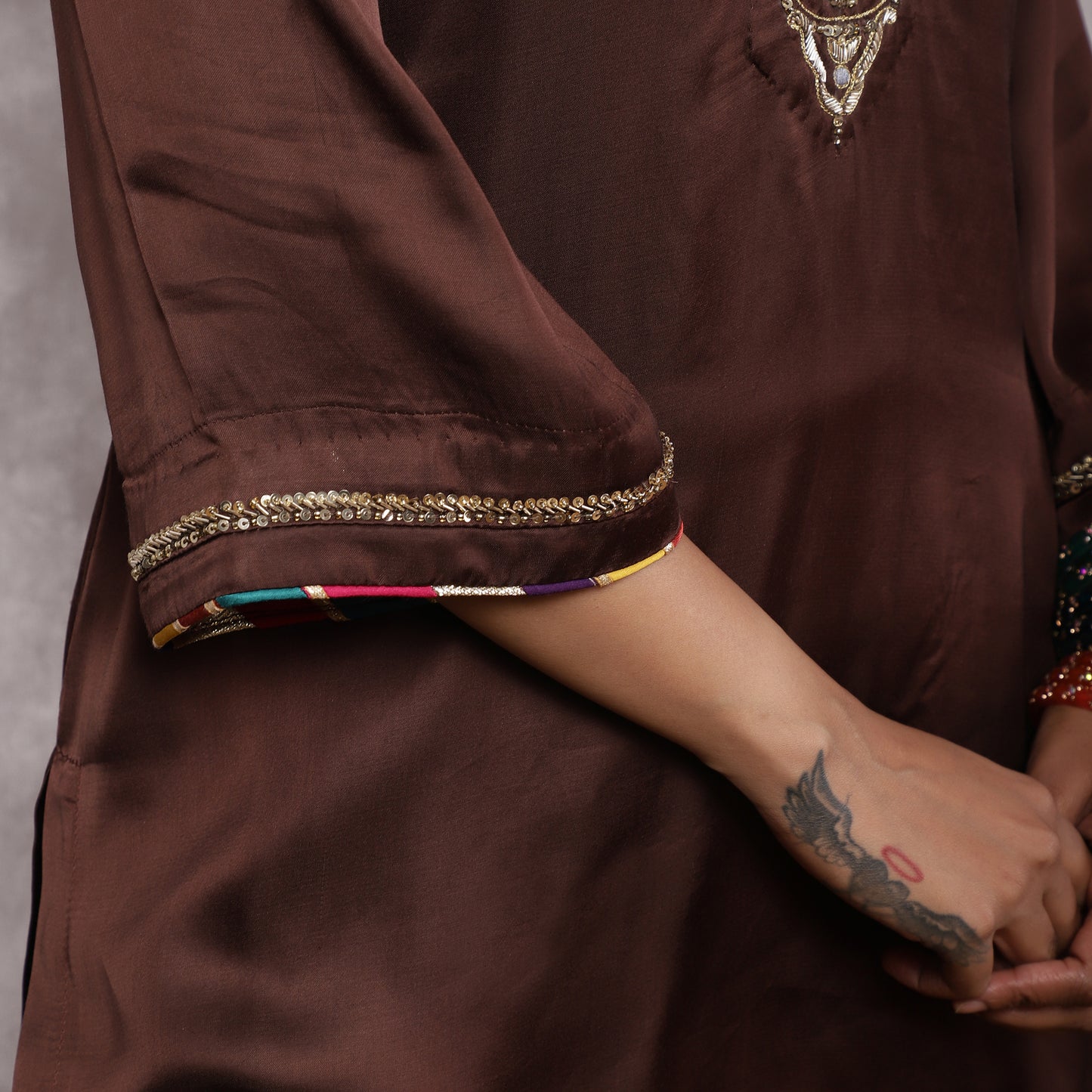 Brown Modal Silk Hand Embroidered Sharara Set with Patchwork and Dupatta