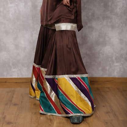 Brown Modal Silk Hand Embroidered Sharara Set with Patchwork and Dupatta