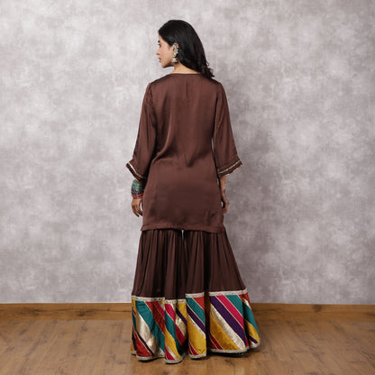 Brown Modal Silk Hand Embroidered Sharara Set with Patchwork