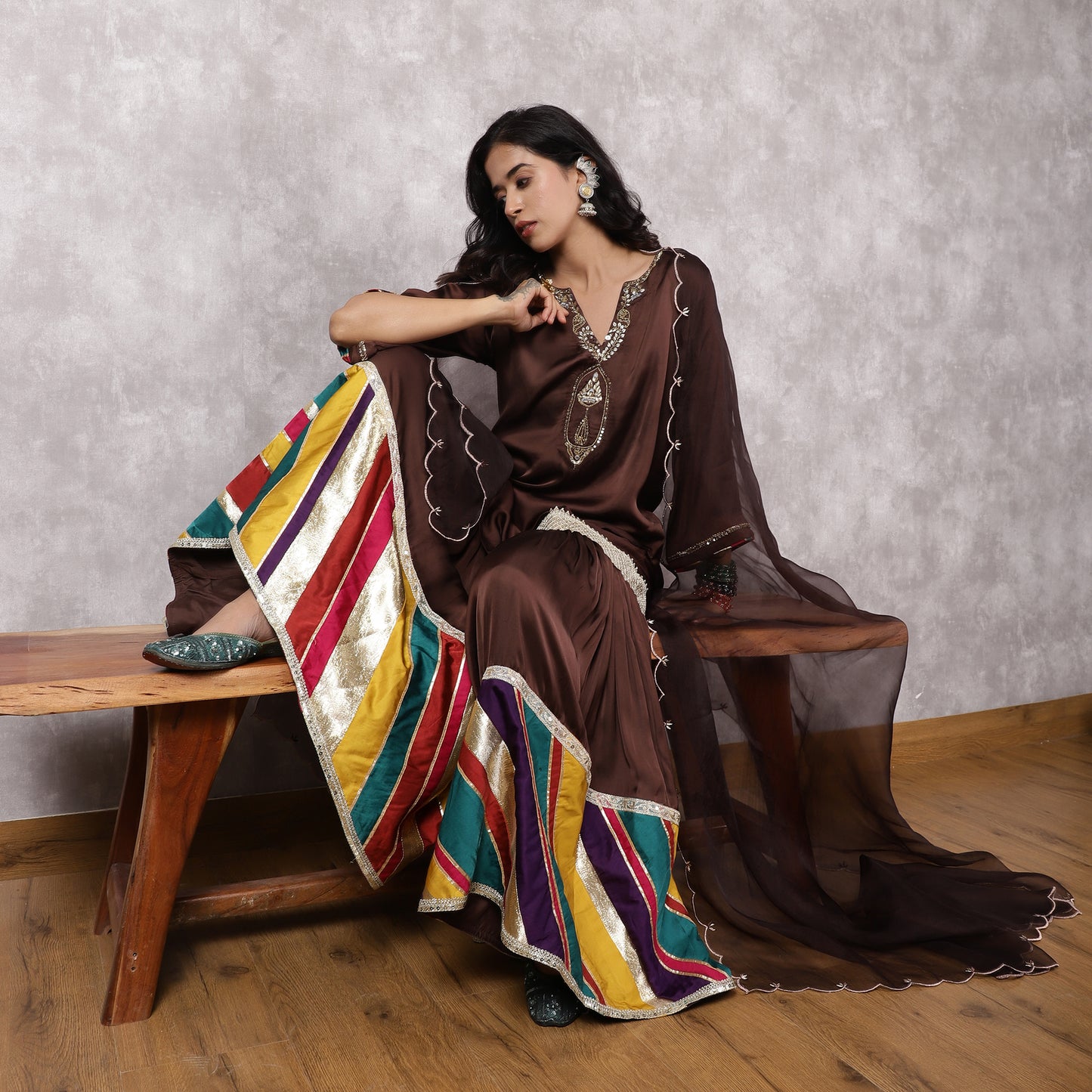 Brown Modal Silk Hand Embroidered Sharara Set with Patchwork and Dupatta