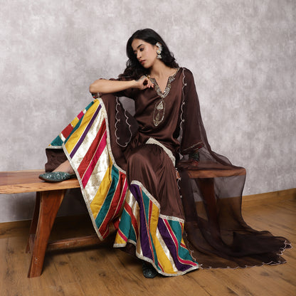 Brown Modal Silk Hand Embroidered Sharara Set with Patchwork and Dupatta