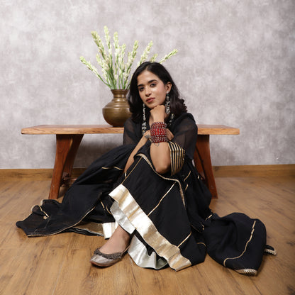 Black Mul Chanderi Hand Embroidered Sharara Set with Dupatta