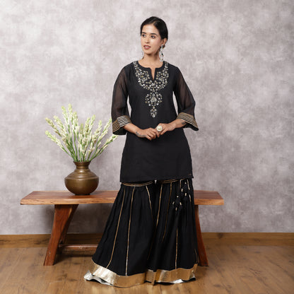 Black Mul Chanderi Hand Embroidered Sharara Set