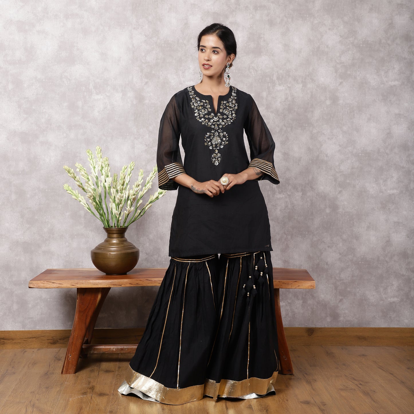 Black Mul Chanderi Hand Embroidered Sharara Set with Dupatta
