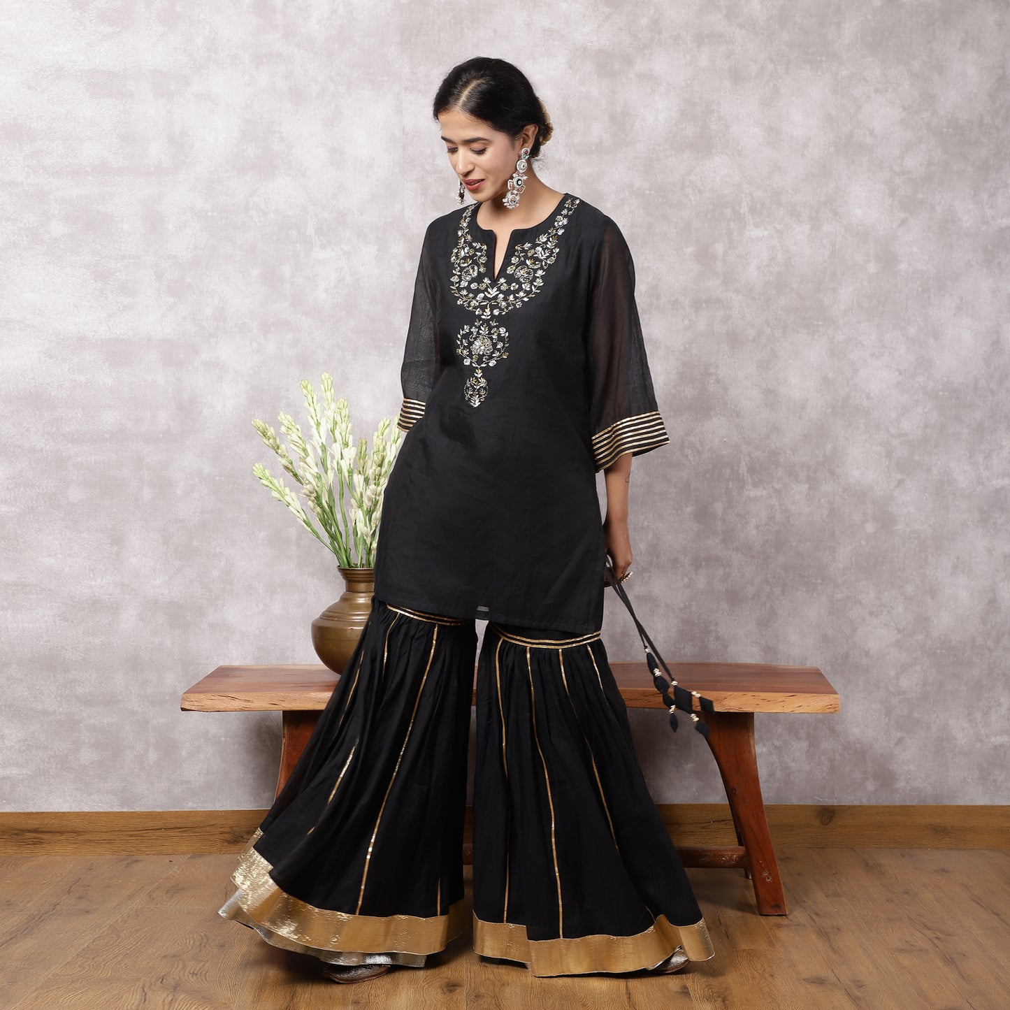 Black Mul Chanderi Hand Embroidered Sharara Set with Dupatta
