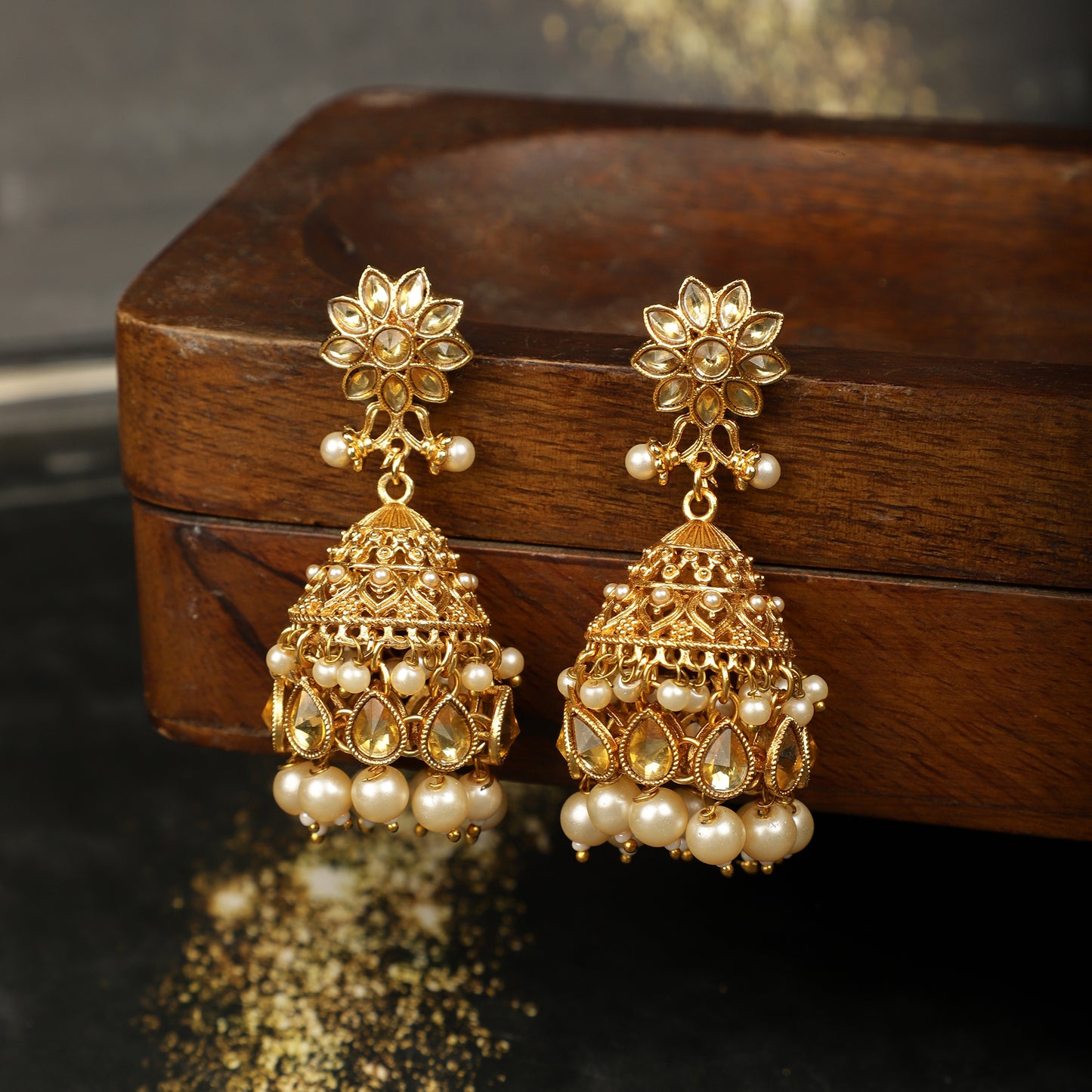 Golden Filigree Petal Jhumkas