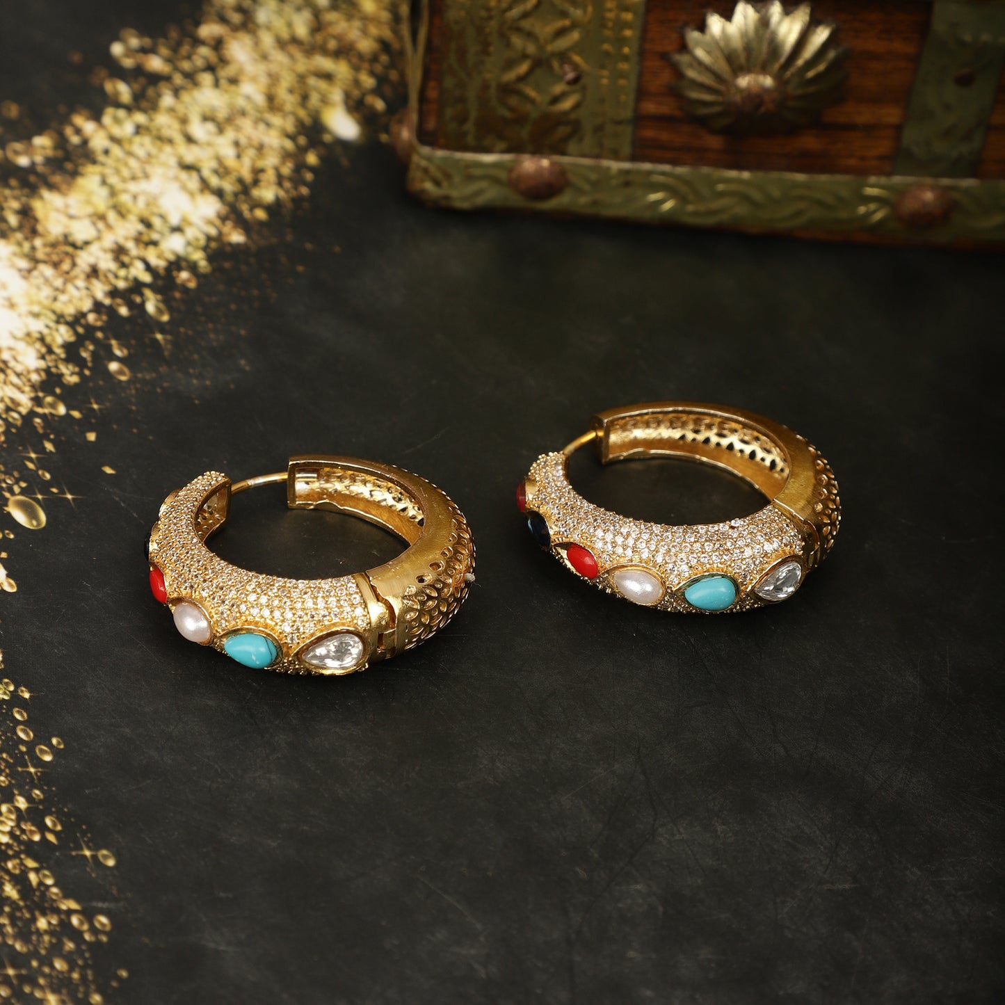 Rhodium-Finished Multicoloured  Kundan Hoops