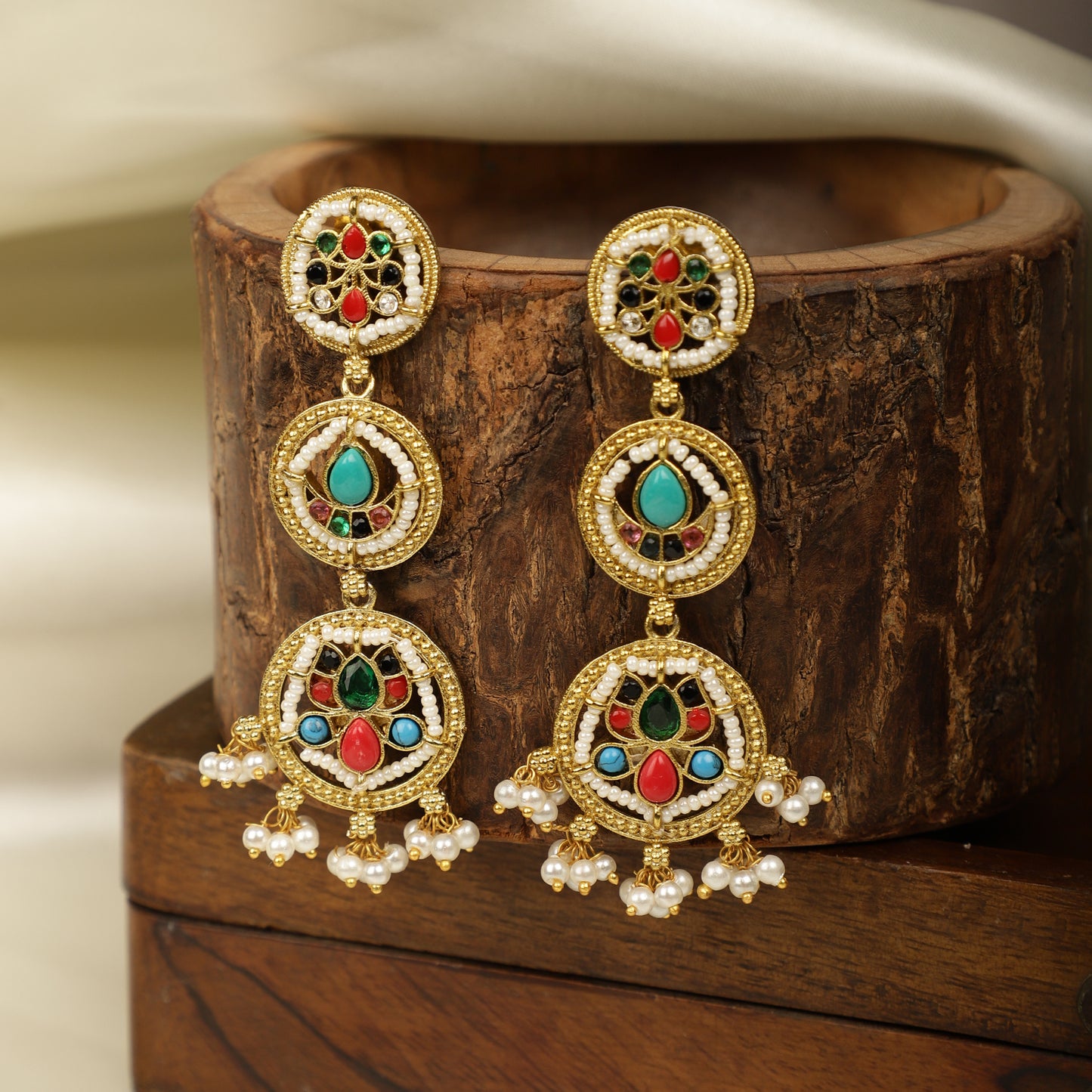 Gold-Toned Multi coloured Drop Earrings