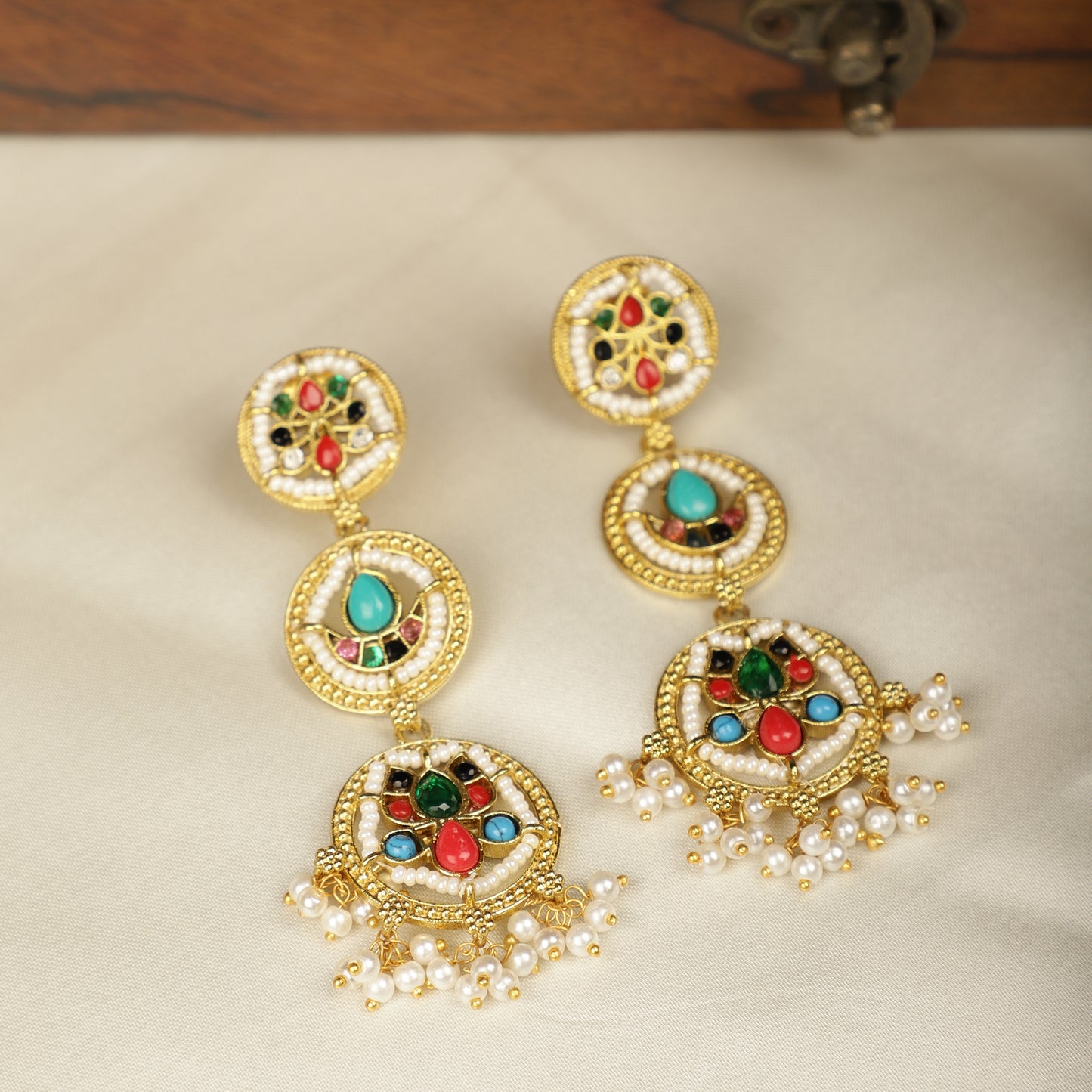 Gold-Toned Multi coloured Drop Earrings