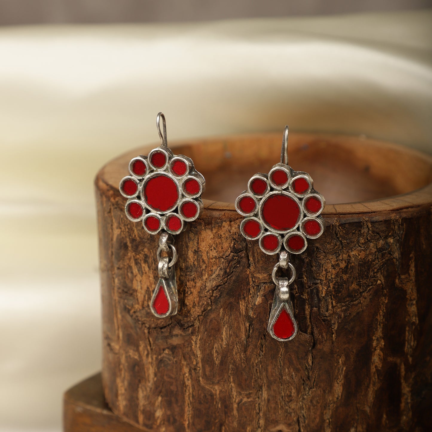 Red mirror silver earrings