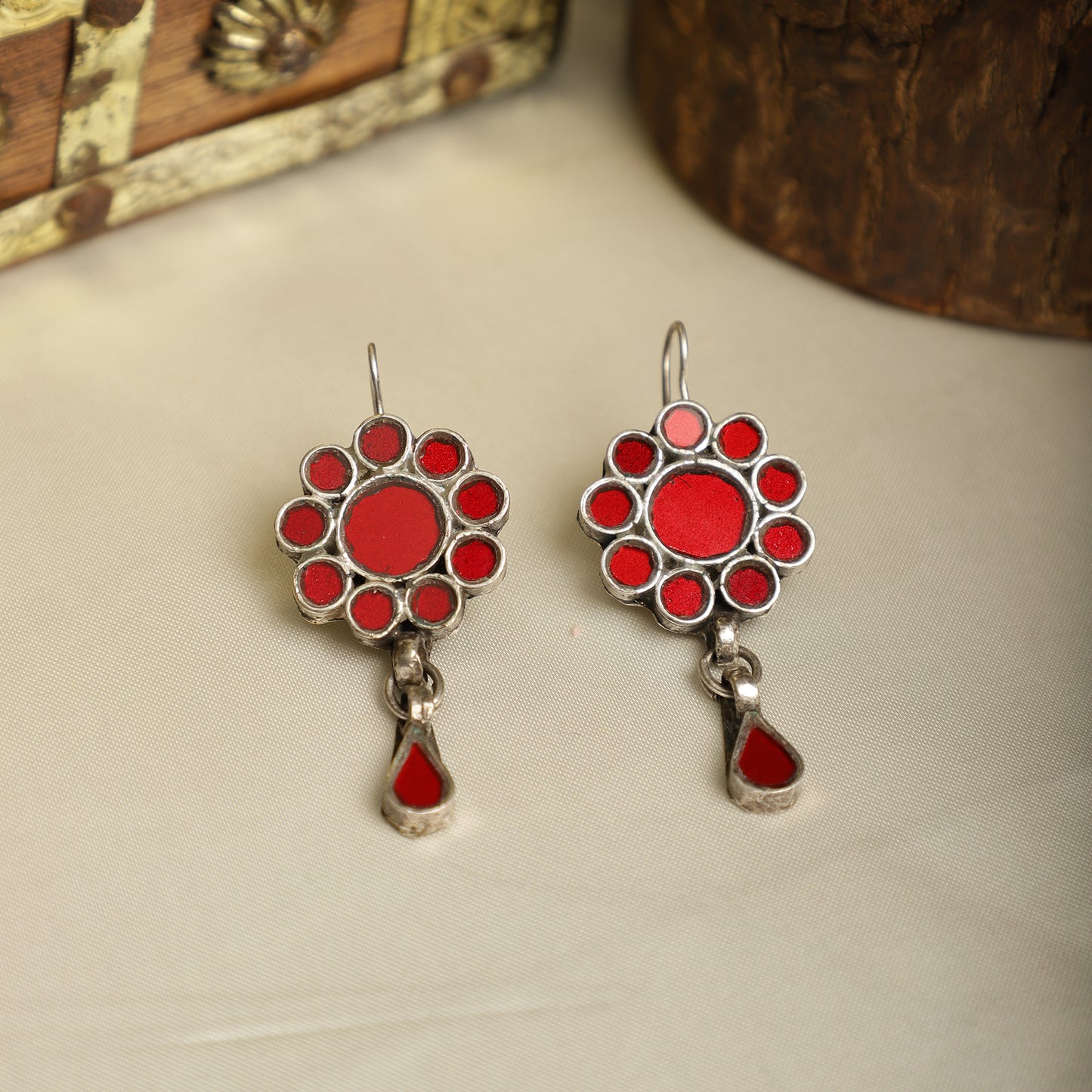 Red mirror silver earrings