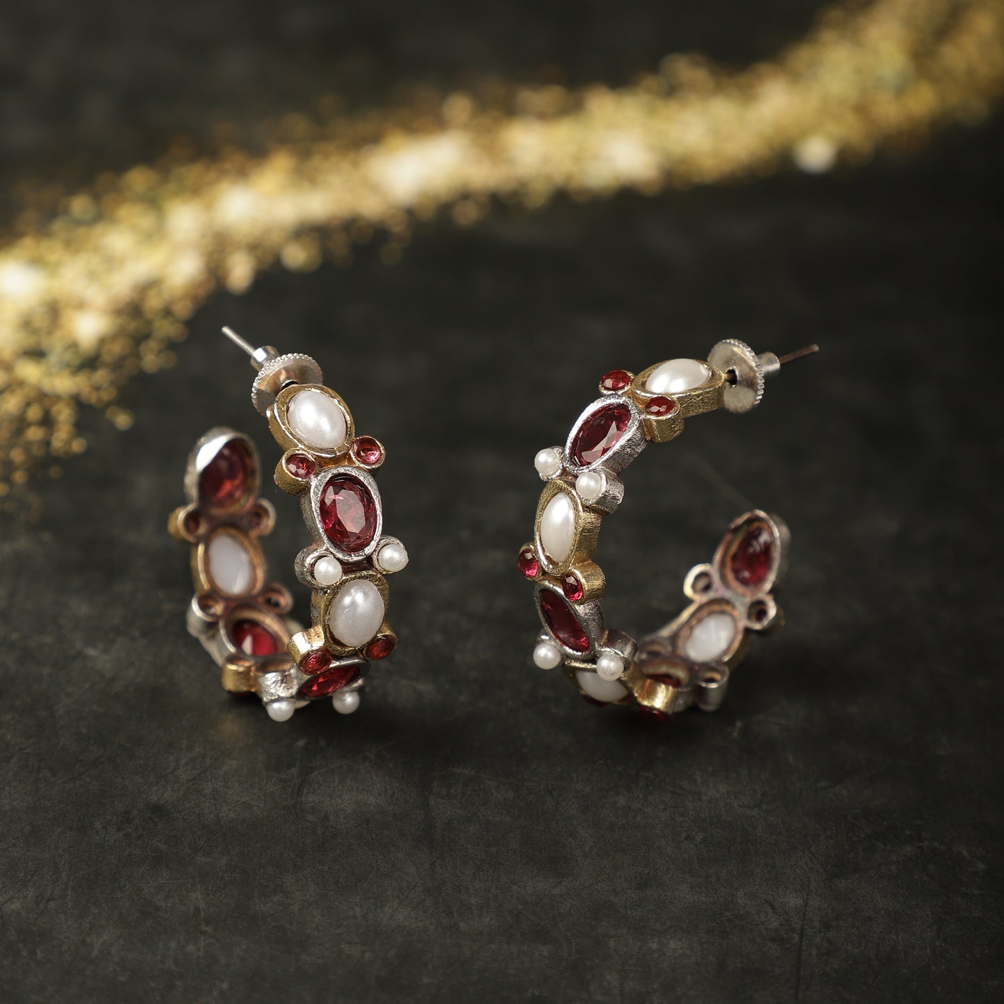 Ruby and Pearls Heritage Hoops - Antique Gold - Spring Soul