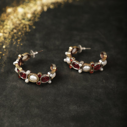 Ruby and Pearls Heritage Hoops - Antique Gold Close-up - Spring Soul