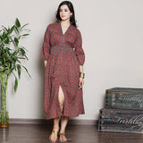 Maroon printed cotton gathered dress with functional buttons