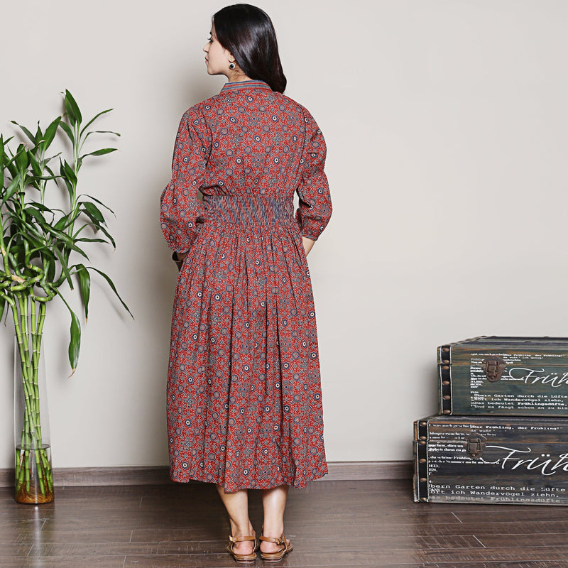 Maroon printed cotton gathered dress with functional buttons