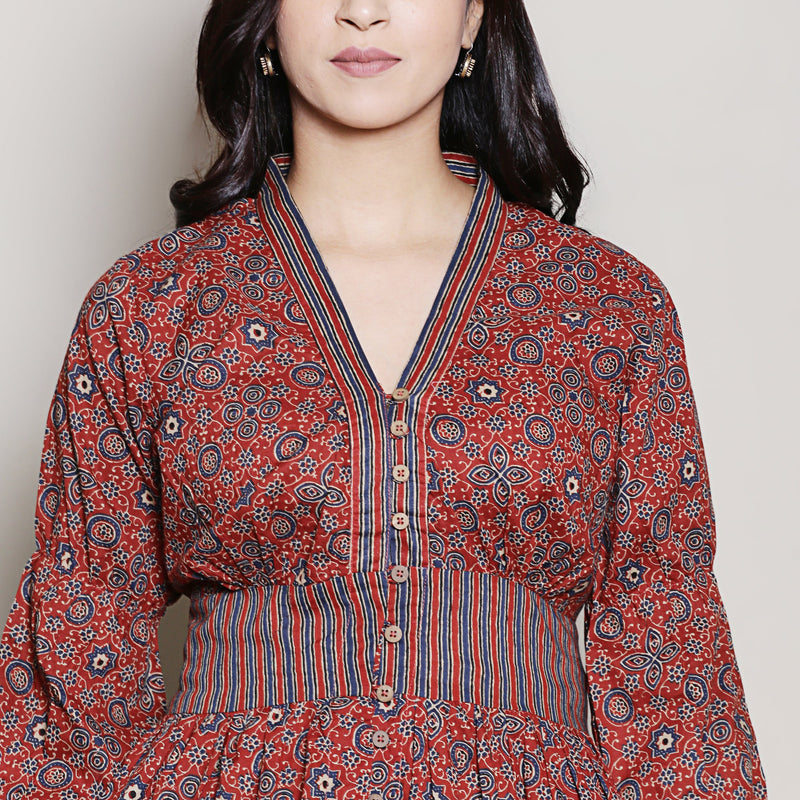 Maroon printed cotton gathered dress with functional buttons