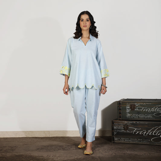 Blue Chambray Cotton Co-ord with embroidery