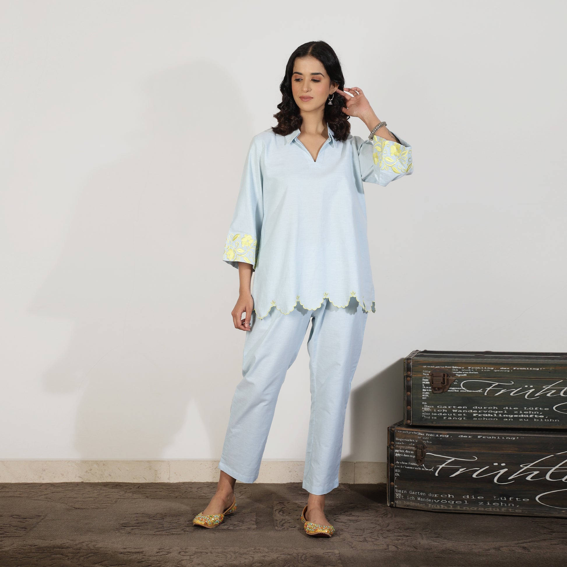 Blue chambray cotton co-ord set with embroidery - Spring Soul