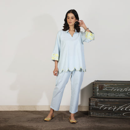 Blue chambray cotton co-ord set with embroidery - Spring Soul