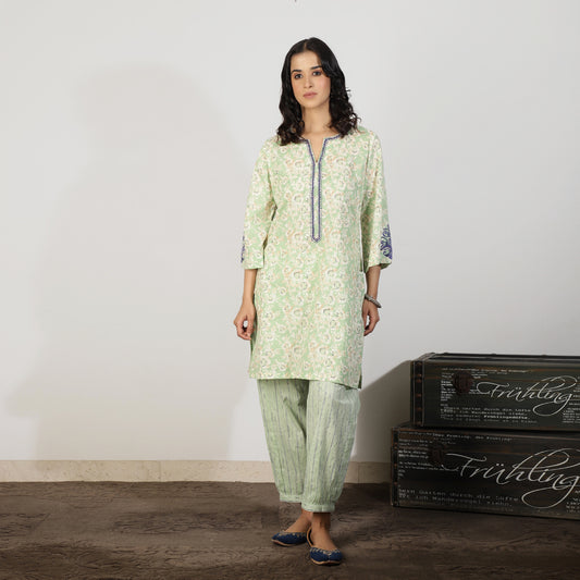 Mint Green Floral Cotton Kurta set with Embroidered sleeve