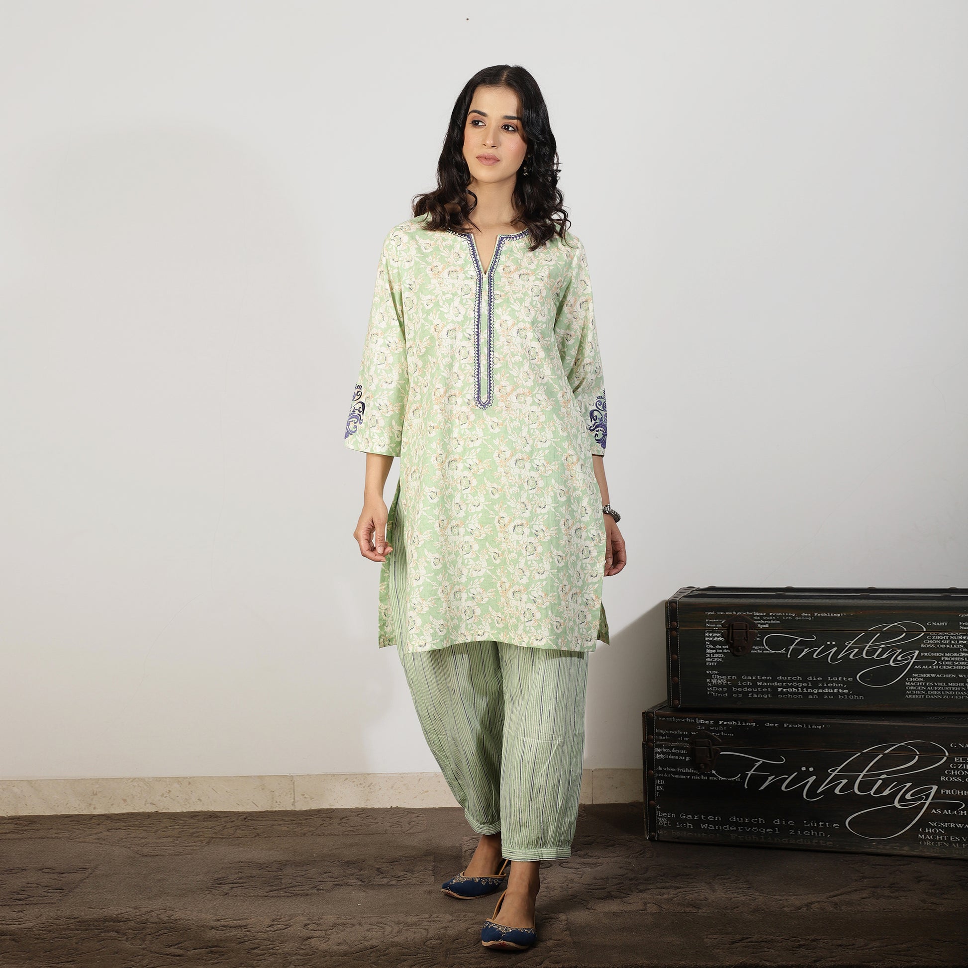 Mint green floral kurta with embroidered sleeve - Spring Soul