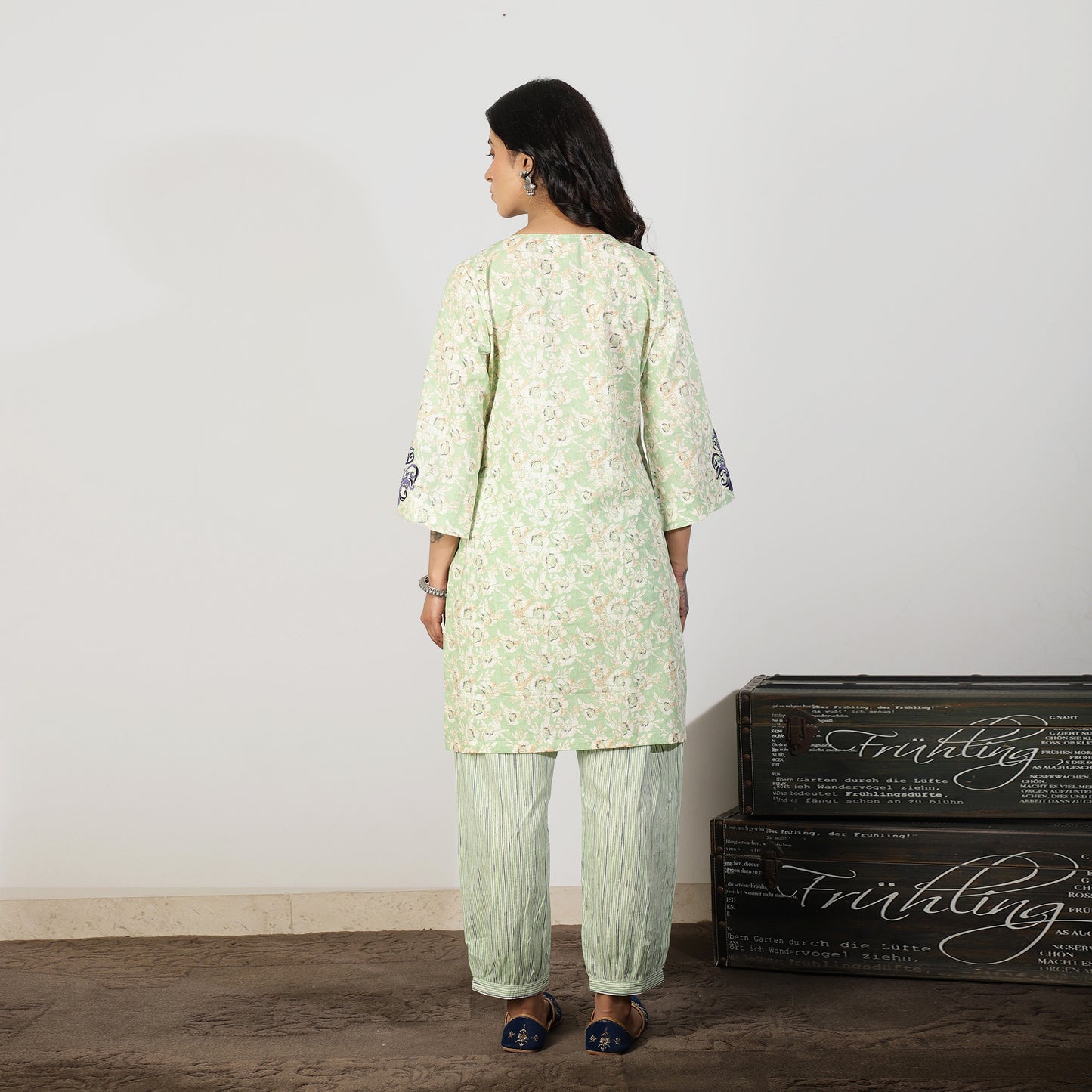 Mint Green Floral Cotton Kurta with Embroidered sleeve