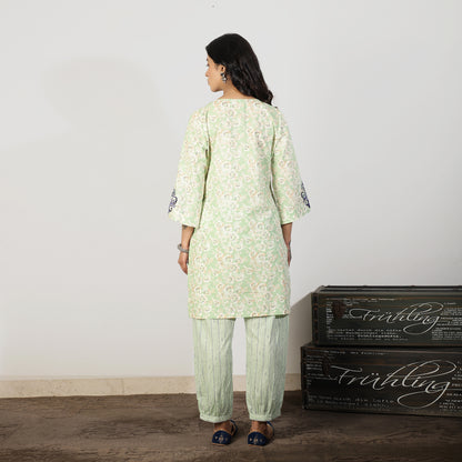 Mint Green Floral Cotton Kurta with Embroidered sleeve