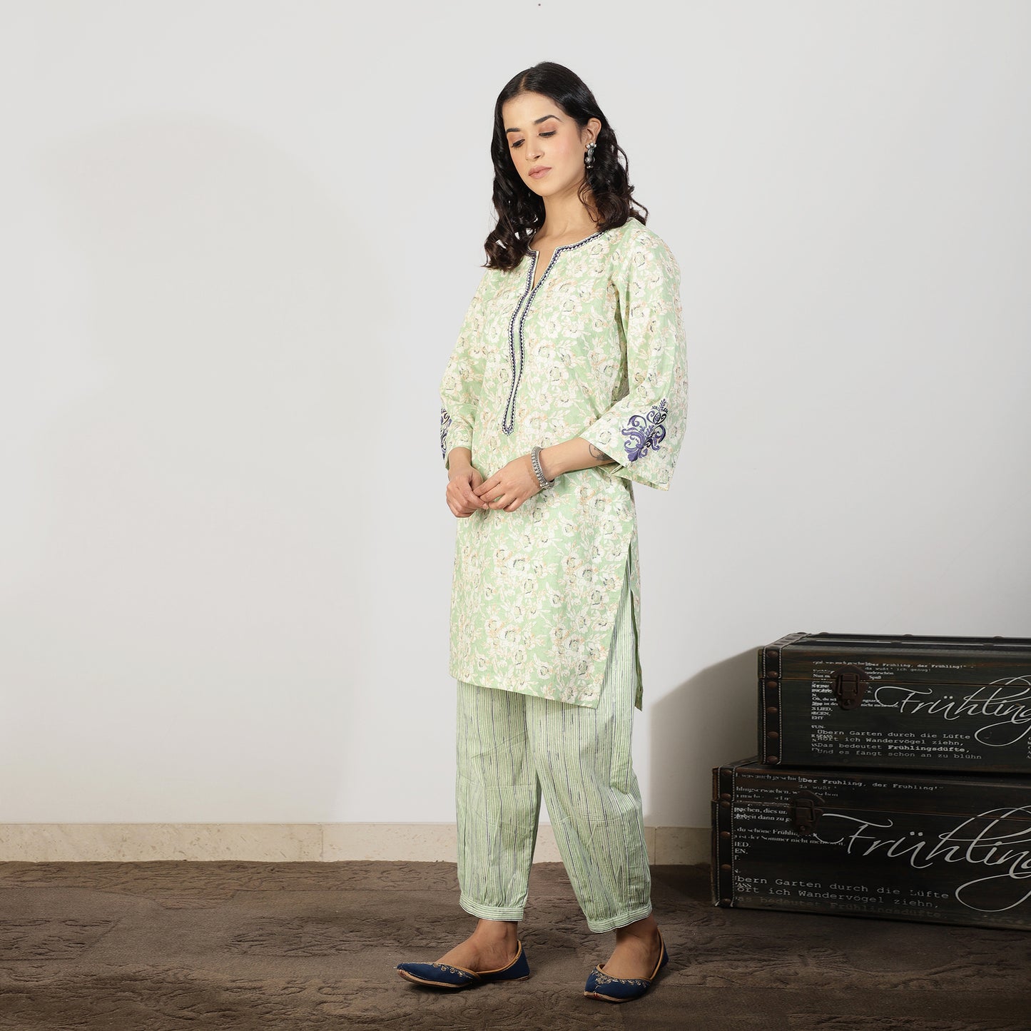Mint Green Floral Cotton Kurta with Embroidered sleeve