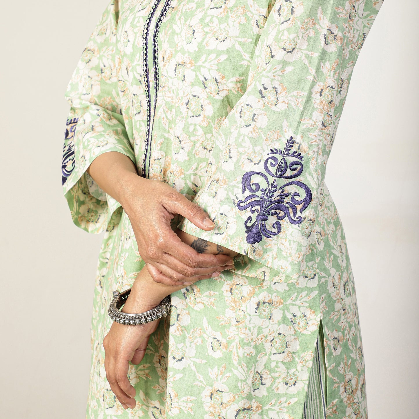 Mint Green Floral Cotton Kurta set with Embroidered sleeve