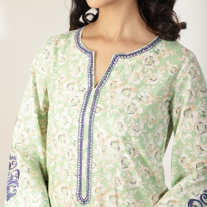 Mint Green Floral Cotton Kurta set with Embroidered sleeve