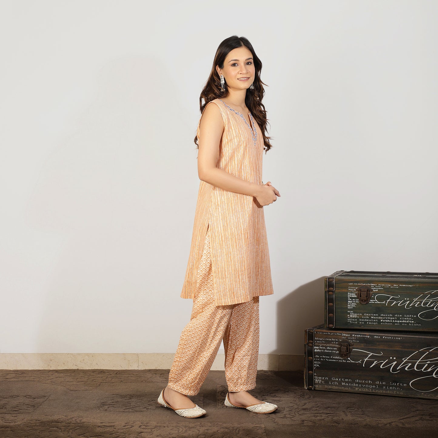 Orange Cotton striped kurta with Mirrorwork