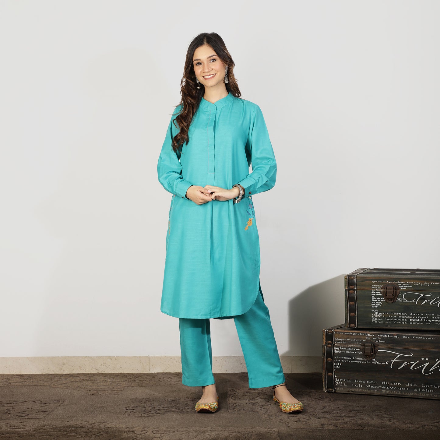 Teal Kurta Set with Embroidered pockets
