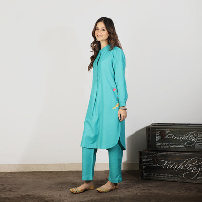 Teal Kurta Set with Embroidered pockets