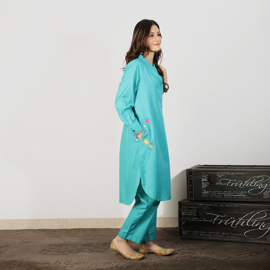 Teal Kurta Set with Embroidered pockets