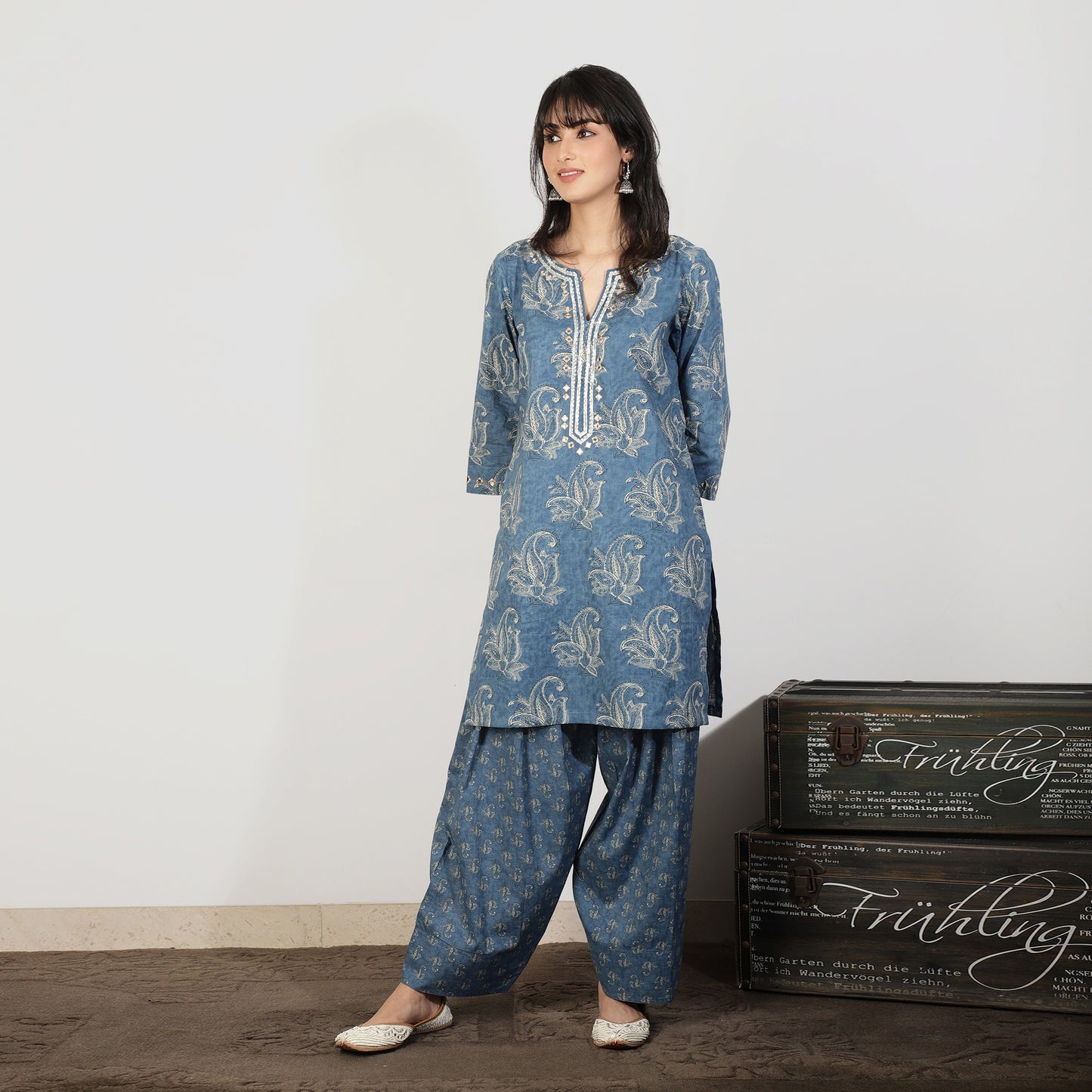 Blue Cotton kurta set with Farshi salwar and Mirrorwork