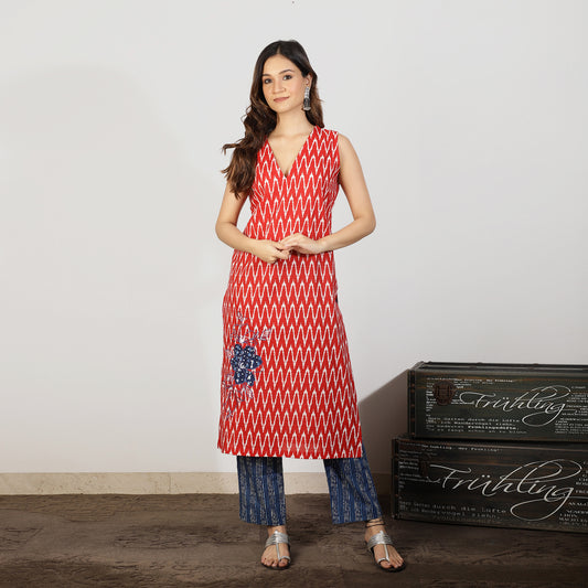Red ikat kurta with Applique embroidery and Striped pants