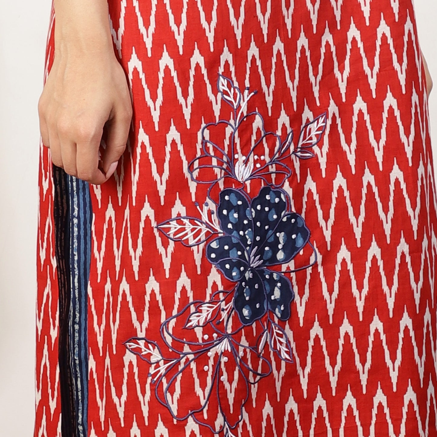 Red ikat kurta with Applique embroidery